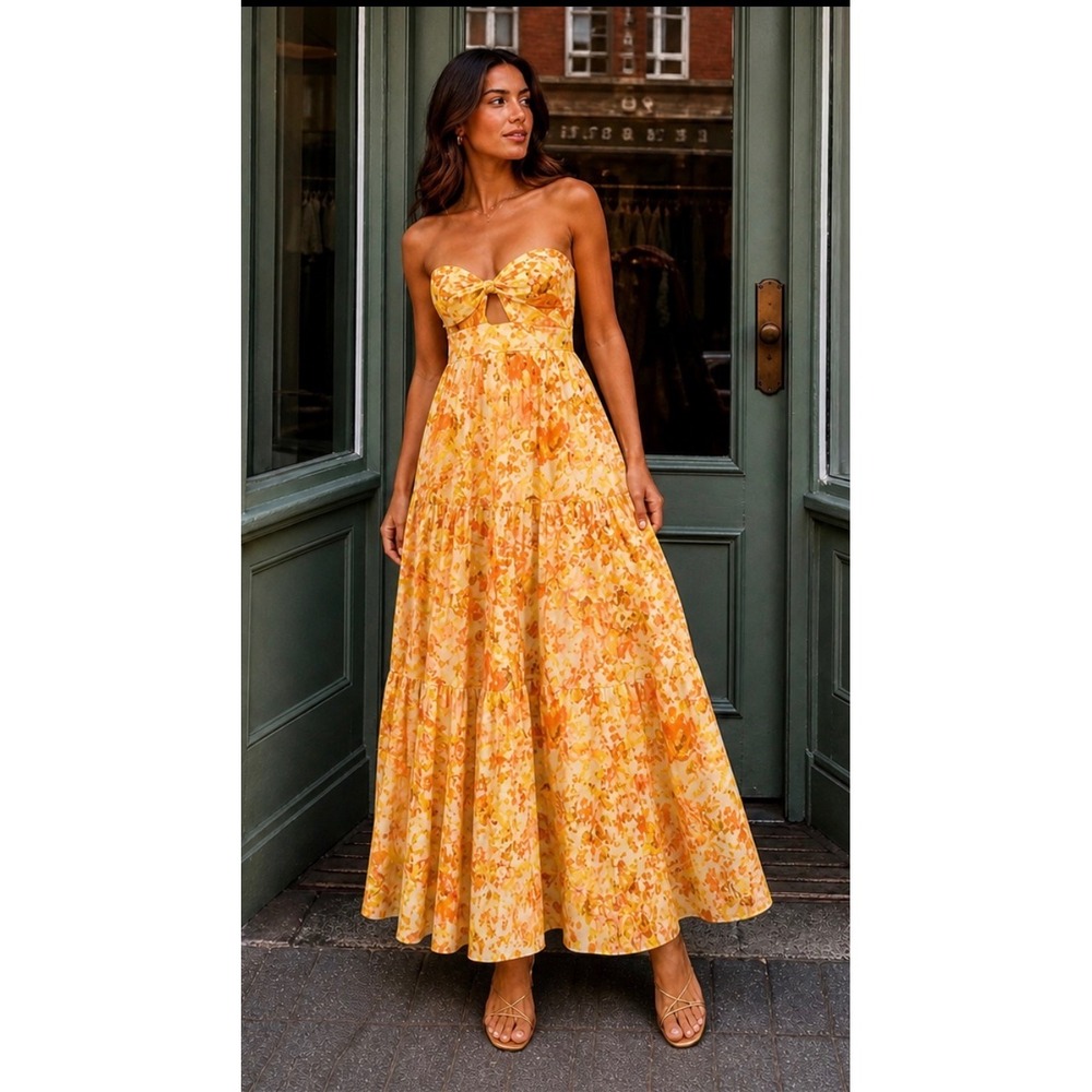Zimmermann Raie Strapless Tiered Floral Yellow Cotton Maxi Dress Dress 0P US 2P - Picture 11 of 11